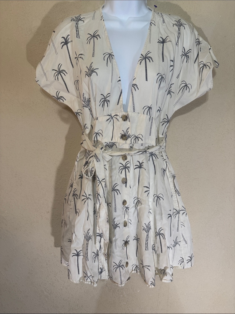 Marine Layer Cream Palm-Print Button-Front Mini Dress